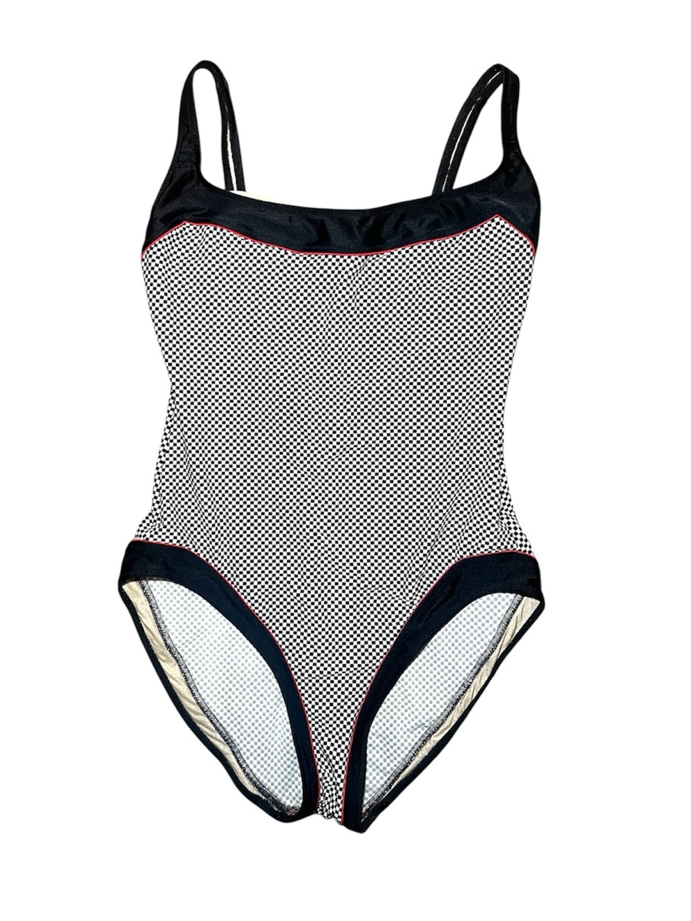Gottex Vintage Black White Checkerboard & Red Trim One Piece Suit w/Builtin Bra